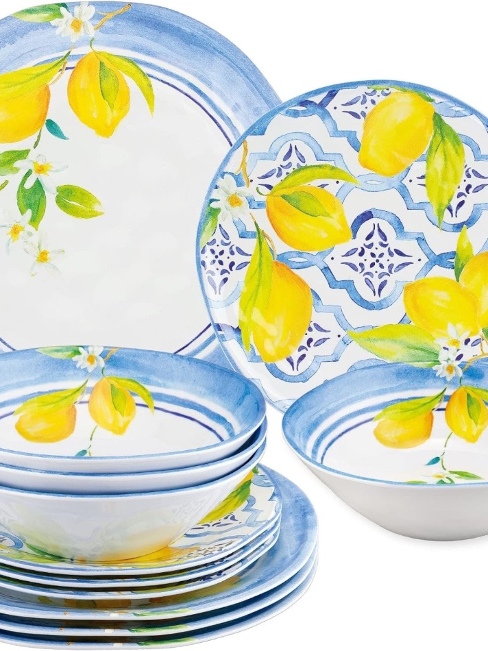 12 Piece Lovely Lemons Melamine Dinnerware Sets, Outdoor Dishes Set